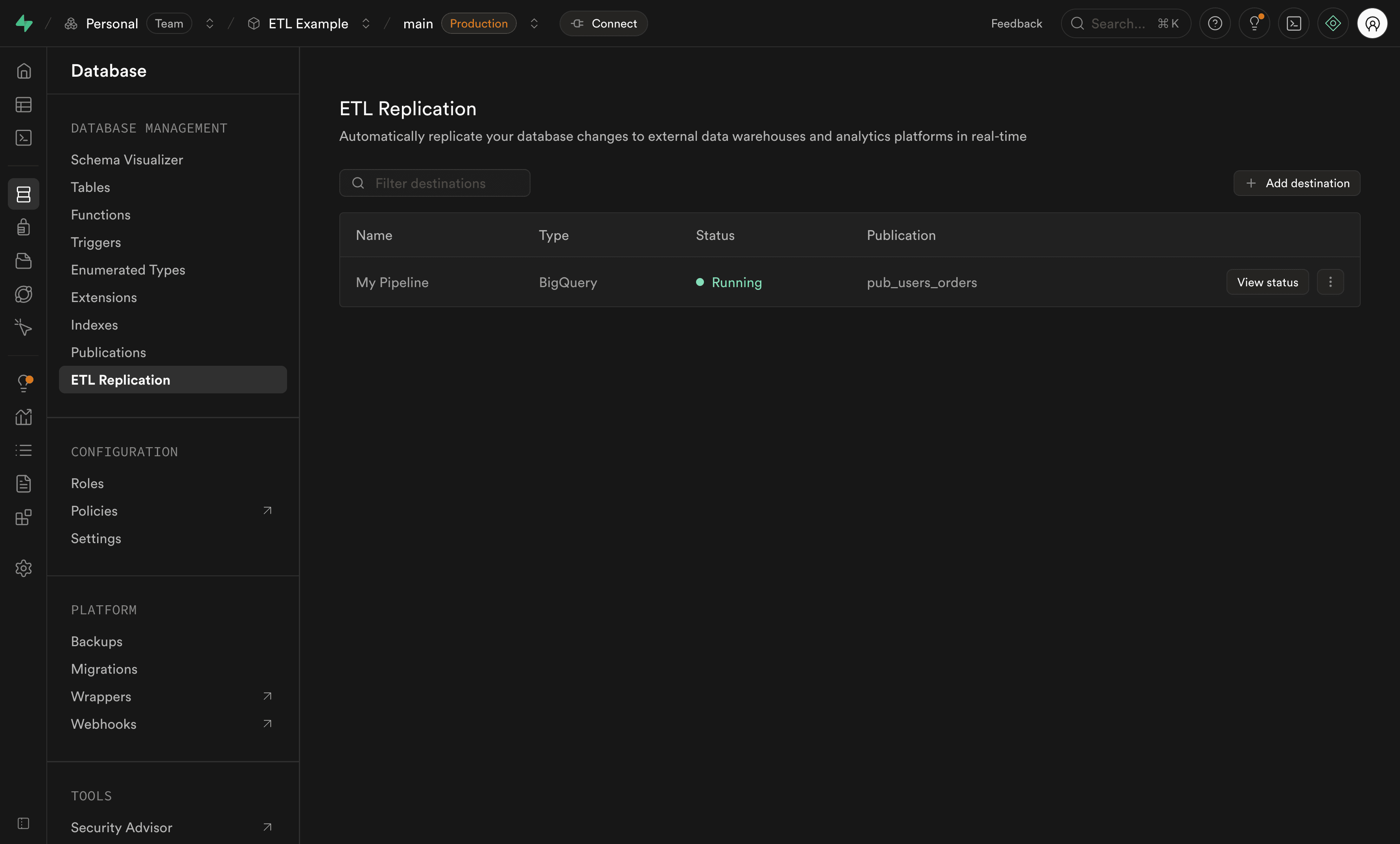 External replication destinations list